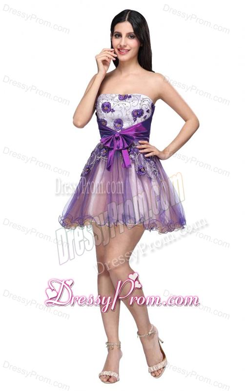 Princess Strapless Appliques Sash Organza Mini-length Prom Dress