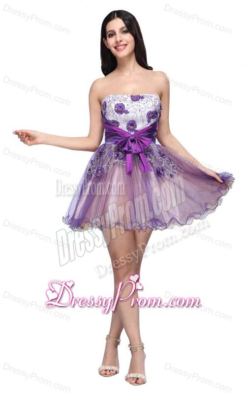 Princess Strapless Appliques Sash Organza Mini-length Prom Dress
