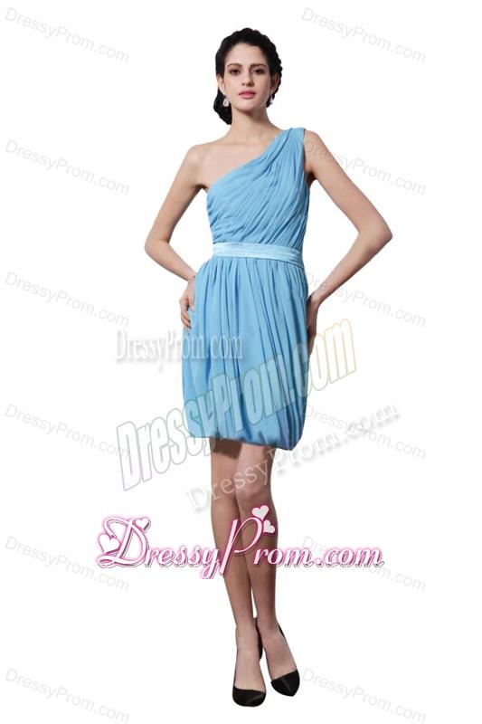 Column Light Blue One Shoulder Ruching Belt Mini-length Prom Dress
