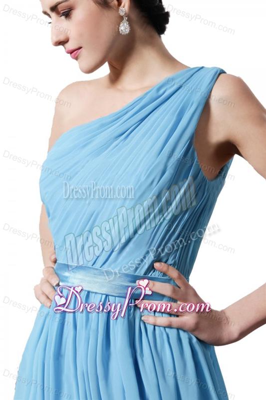 Column Light Blue One Shoulder Ruching Belt Mini-length Prom Dress