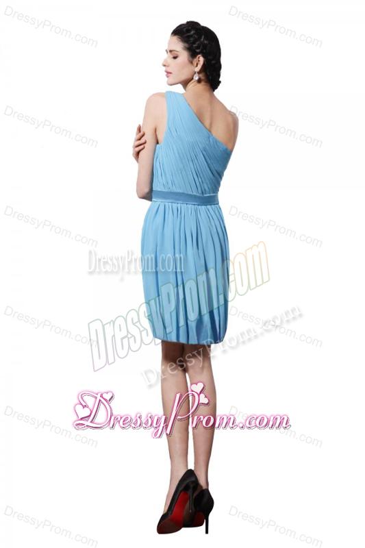 Column Light Blue One Shoulder Ruching Belt Mini-length Prom Dress