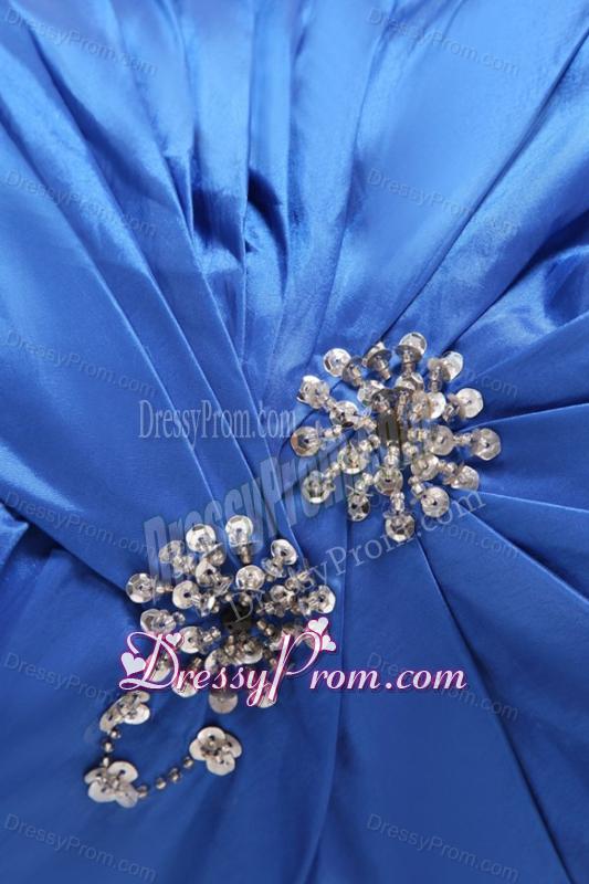 Column Straps Blue Ruching and Beading Short Prom Dress