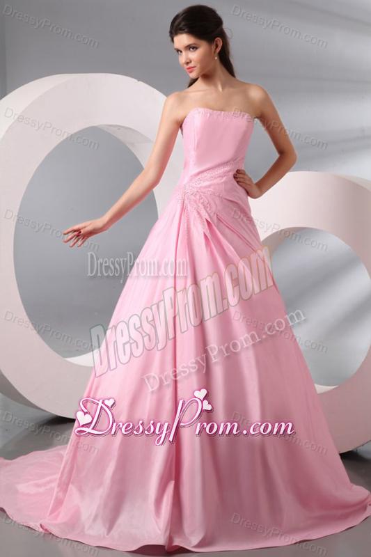 Rose Pink Strapless Ruching Brush Train Taffeta Prom Dress
