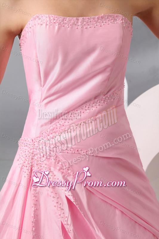 Rose Pink Strapless Ruching Brush Train Taffeta Prom Dress