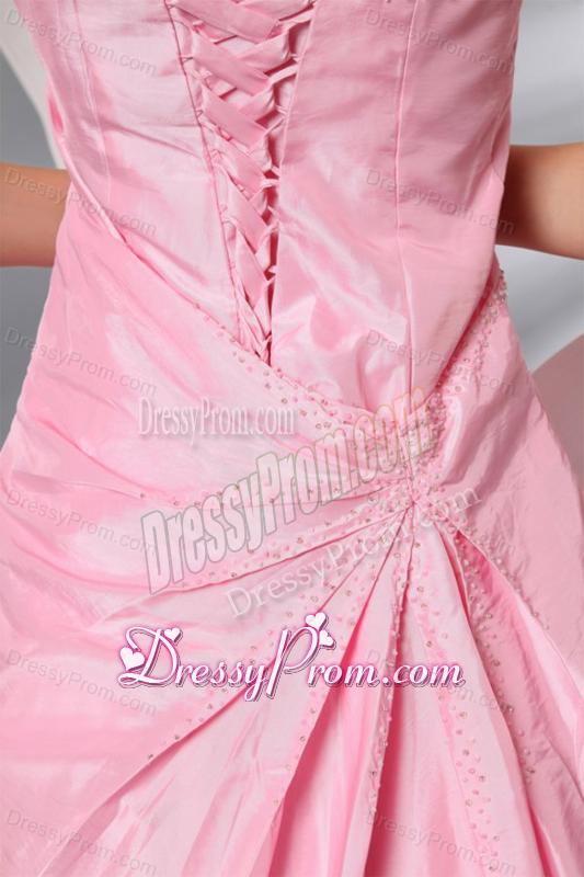 Rose Pink Strapless Ruching Brush Train Taffeta Prom Dress