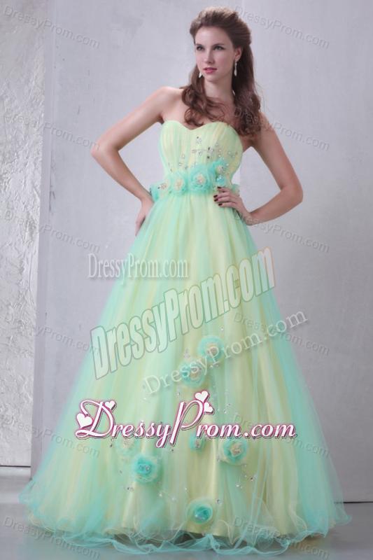 Sweetheart Yellow and Blue A-line Hand Made Flowers and Beading Prom Dress