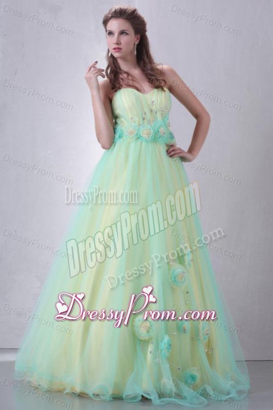 Sweetheart Yellow and Blue A-line Hand Made Flowers and Beading Prom Dress