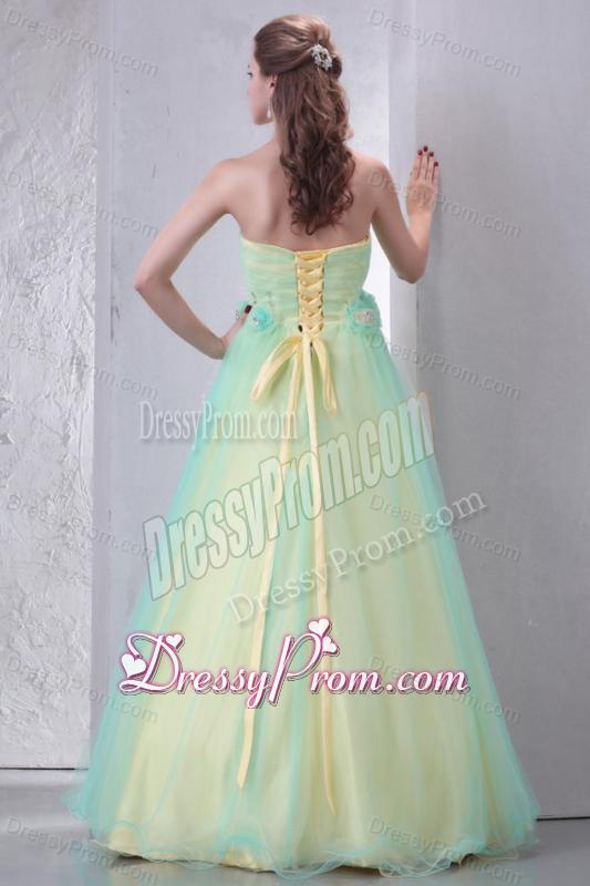 Sweetheart Yellow and Blue A-line Hand Made Flowers and Beading Prom Dress