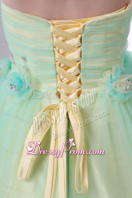 Sweetheart Yellow and Blue A-line Hand Made Flowers and Beading Prom Dress