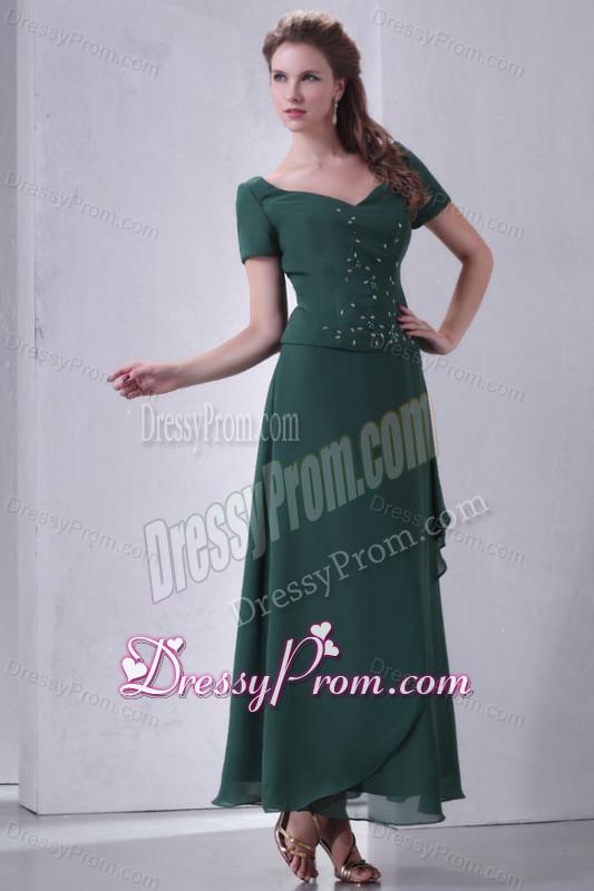V-neck Chiffon Beading Ankle-length Prom Dress with Short Sleeves