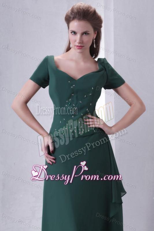 V-neck Chiffon Beading Ankle-length Prom Dress with Short Sleeves
