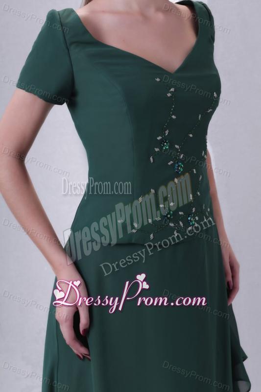 V-neck Chiffon Beading Ankle-length Prom Dress with Short Sleeves