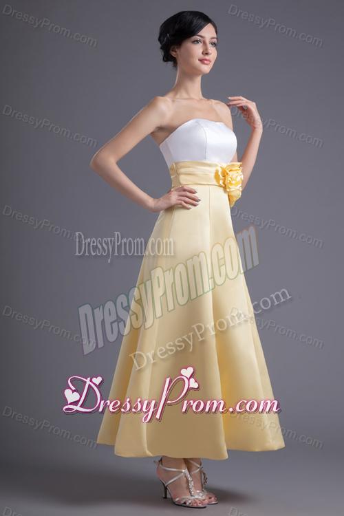 A-line Light Yellow Strapless Hand Made Flowers Ankle-length Prom Dress