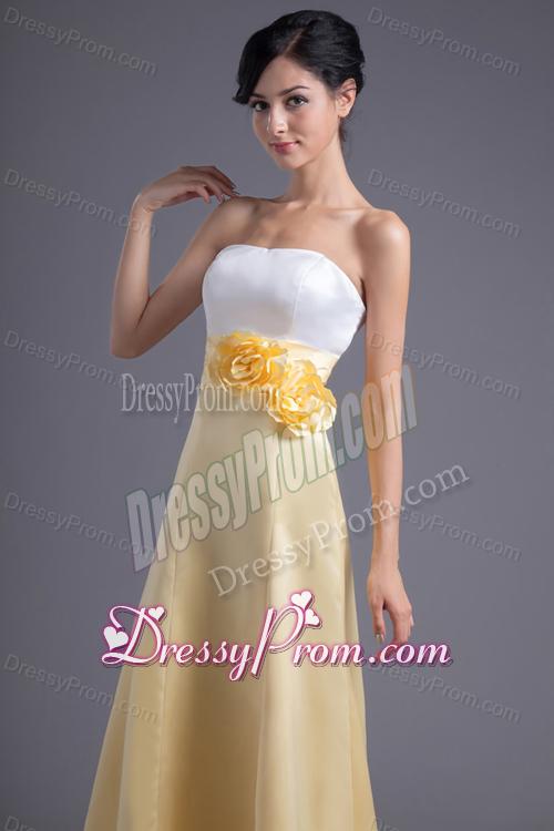 A-line Light Yellow Strapless Hand Made Flowers Ankle-length Prom Dress