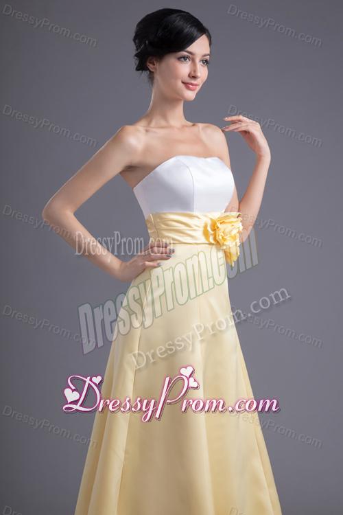 A-line Light Yellow Strapless Hand Made Flowers Ankle-length Prom Dress