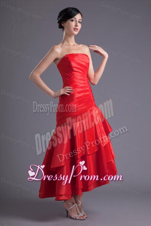 A-line Wine Red Strapless Ruching Asymmetrical Prom Dress