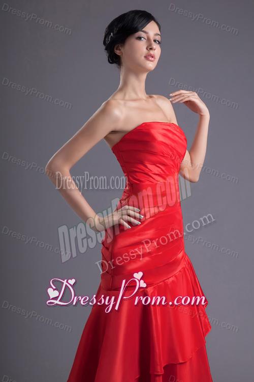 A-line Wine Red Strapless Ruching Asymmetrical Prom Dress