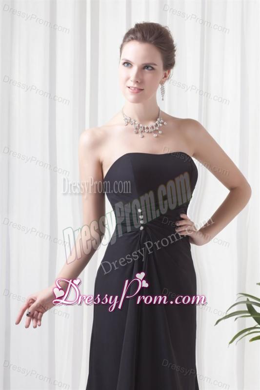 Black Column Strapless Brush Train Ruching Prom Dress with Lace Up