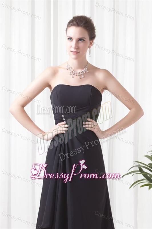 Black Column Strapless Brush Train Ruching Prom Dress with Lace Up