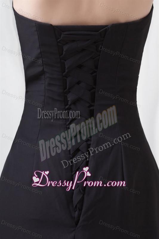 Black Column Strapless Brush Train Ruching Prom Dress with Lace Up