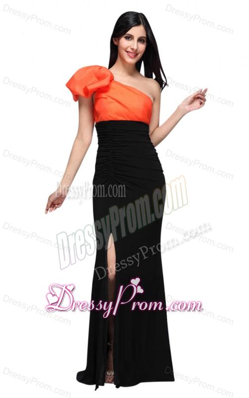 Black and Orange One Shoulder Column High Silt Prom Dress with Train