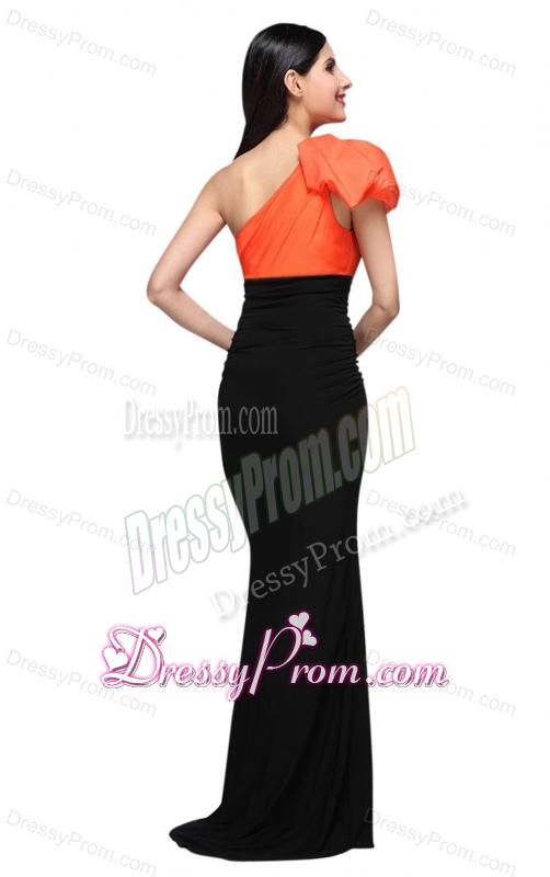 Black and Orange One Shoulder Column High Silt Prom Dress with Train