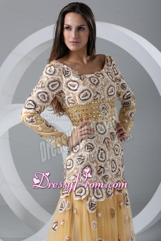 Champagne A-line Scoop Prom Dress with Long Sleeves