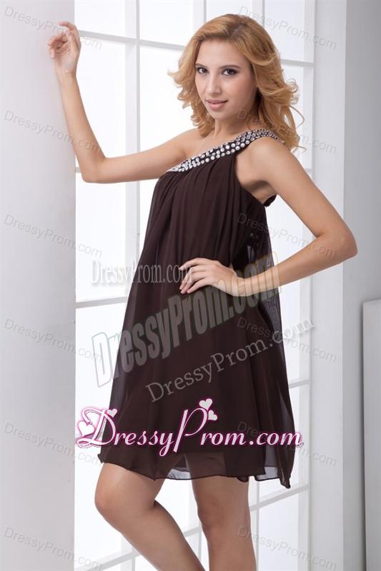 Cheap Empire One Shoulder Brown Side Zipper Mini-length Beading Prom Dress