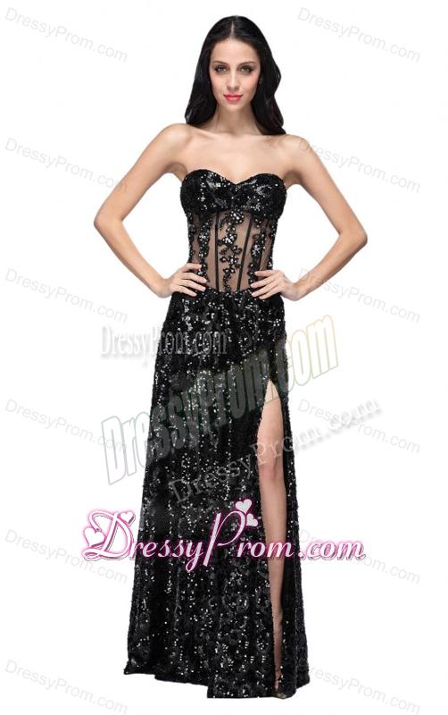 Column Black Sweetheart Long Sleeves Sequins High Slit Prom Dress