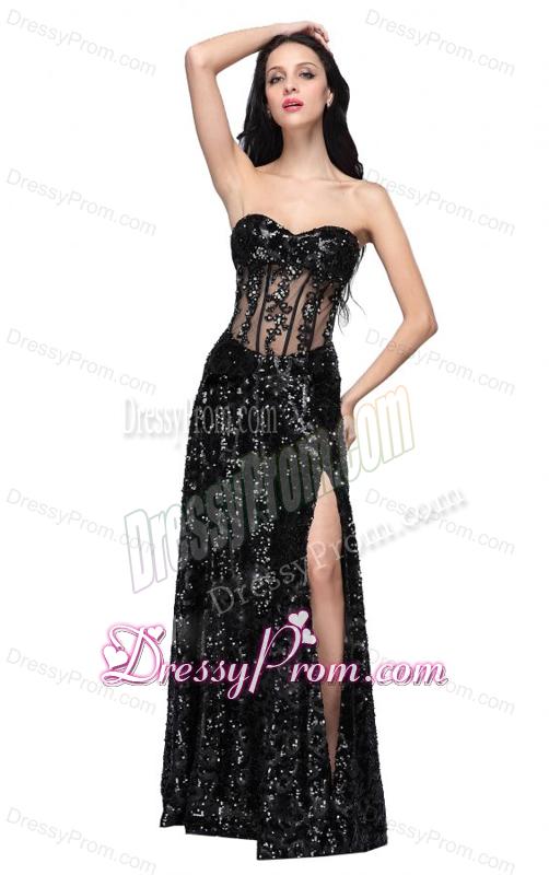 Column Black Sweetheart Long Sleeves Sequins High Slit Prom Dress