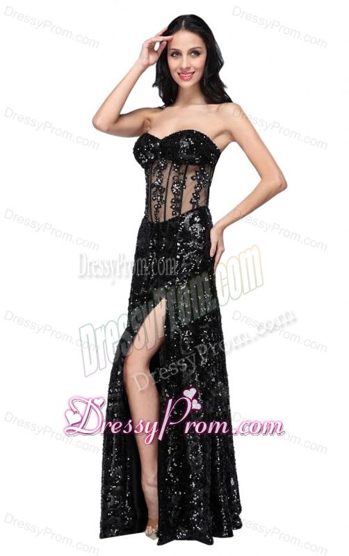 Column Black Sweetheart Long Sleeves Sequins High Slit Prom Dress