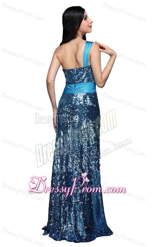 Column Blue One Shoulder Beading Ruching Sequins Floor-length Prom Dress