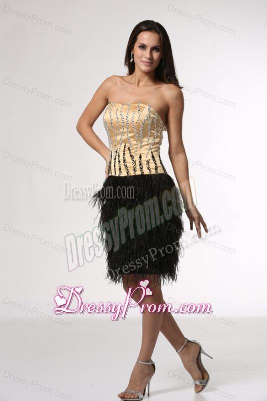 Column Champagne and Black Strapless Feather Beading Satin Prom Dress
