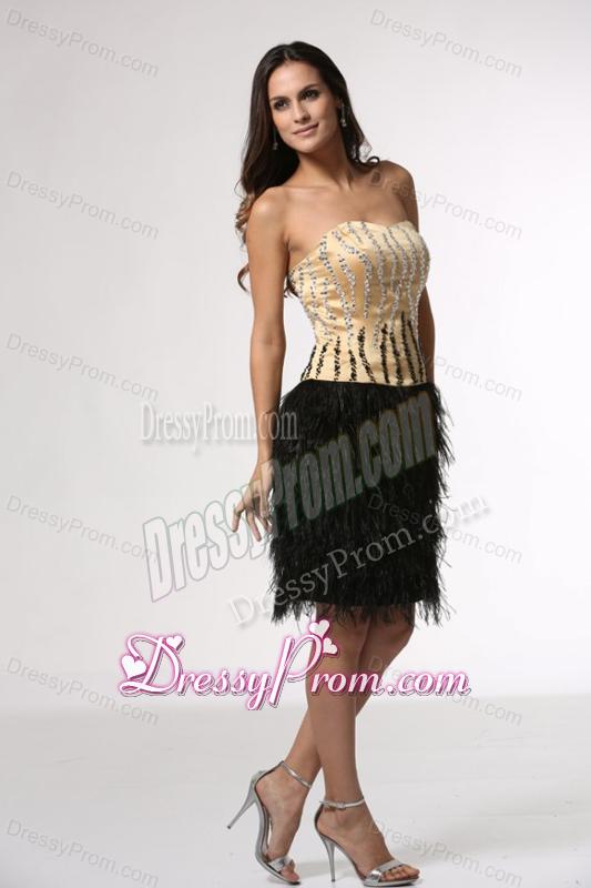 Column Champagne and Black Strapless Feather Beading Satin Prom Dress