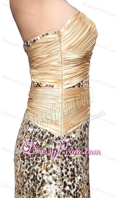 Column Champgne One Shoulder Sequins Ruching Floor-length Prom Dress