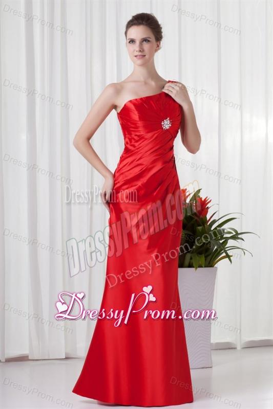 Column One Sholuder Red Taffeta Ruching Floor-length Prom Dress