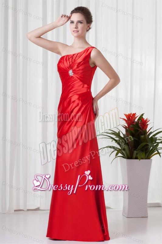 Column One Sholuder Red Taffeta Ruching Floor-length Prom Dress
