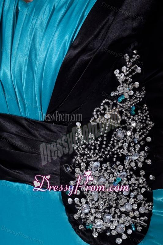Column Straps Blue and Black Ruching and Appliques Elastic Woven Satin Prom Dress