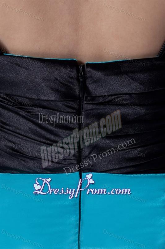 Column Straps Blue and Black Ruching and Appliques Elastic Woven Satin Prom Dress