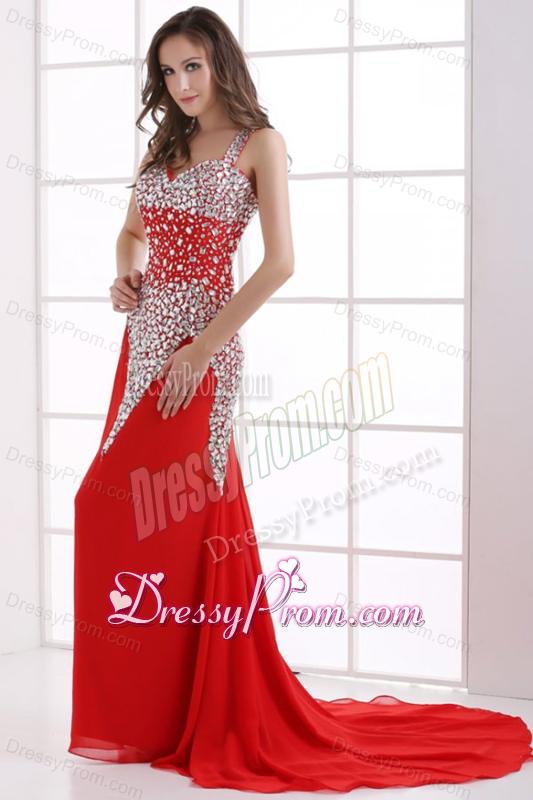 Column Wine Red Beading Straps Court Train Chiffon Prom Dress