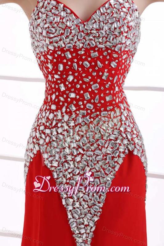 Column Wine Red Beading Straps Court Train Chiffon Prom Dress