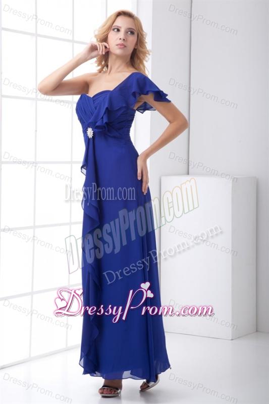 Empire One Shoulder Ankle-length Chiffon Blue Ruching Prom Dress