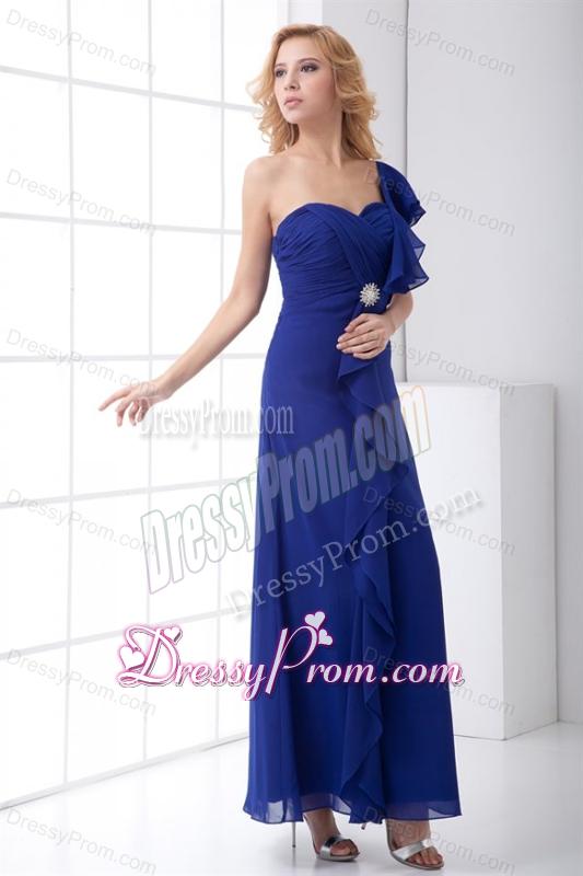 Empire One Shoulder Ankle-length Chiffon Blue Ruching Prom Dress