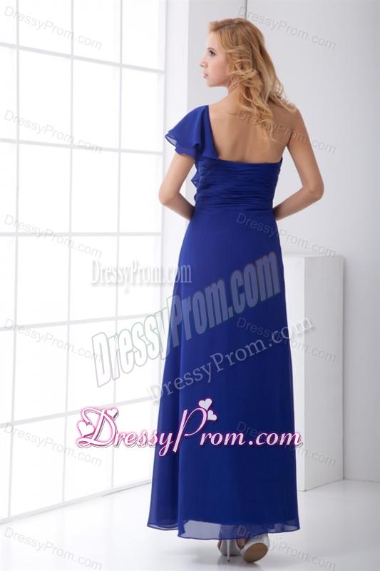 Empire One Shoulder Ankle-length Chiffon Blue Ruching Prom Dress