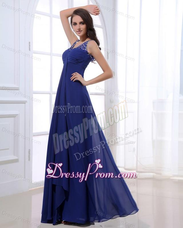Empire V-neck Floor-length Chiffon Beading Blue Prom Dress