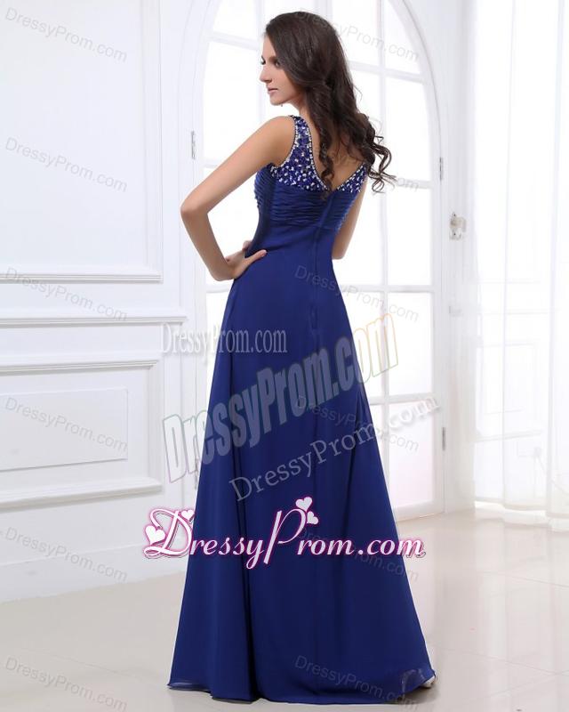 Empire V-neck Floor-length Chiffon Beading Blue Prom Dress