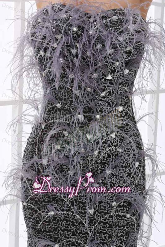 Mermaid Black Festher Strapless Sequins Brush Train Prom Dress