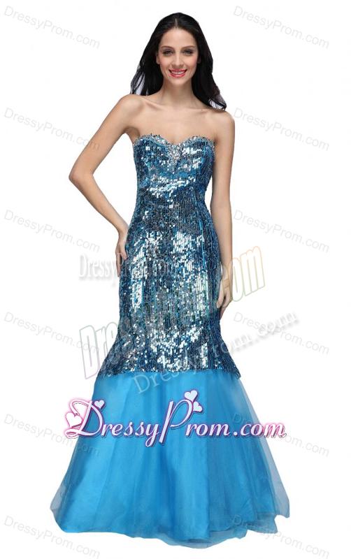 Mermaid Blue Sweetheart Sequins Beading Organza Long Prom Dress