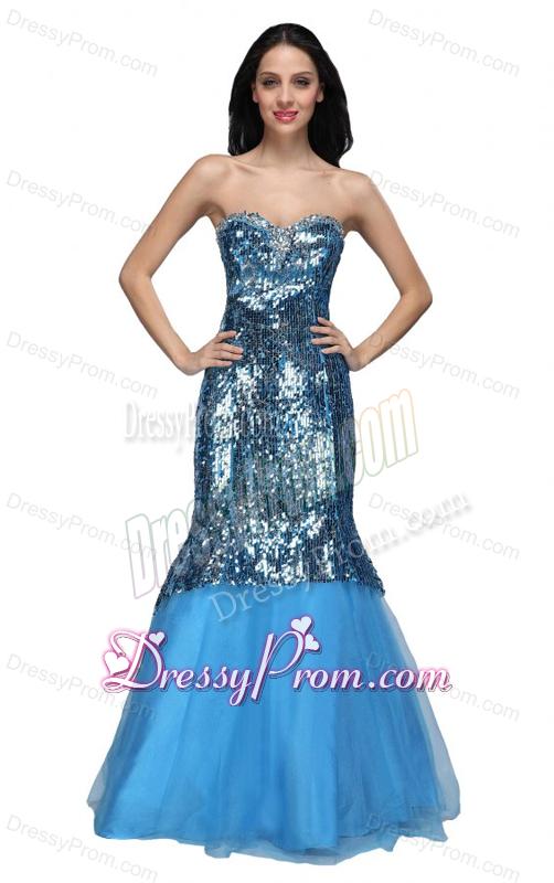 Mermaid Blue Sweetheart Sequins Beading Organza Long Prom Dress