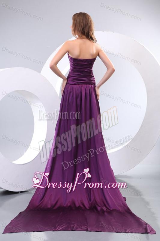 Popular Column Sweetheart Watteau Train Purple Side Zipper Prom Dress with Ruching